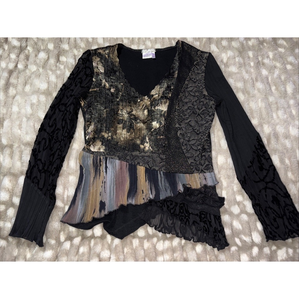 Alberto Makali Black Romantic Goth Glam Fairycore Patchwork Shirt Large Vintage
